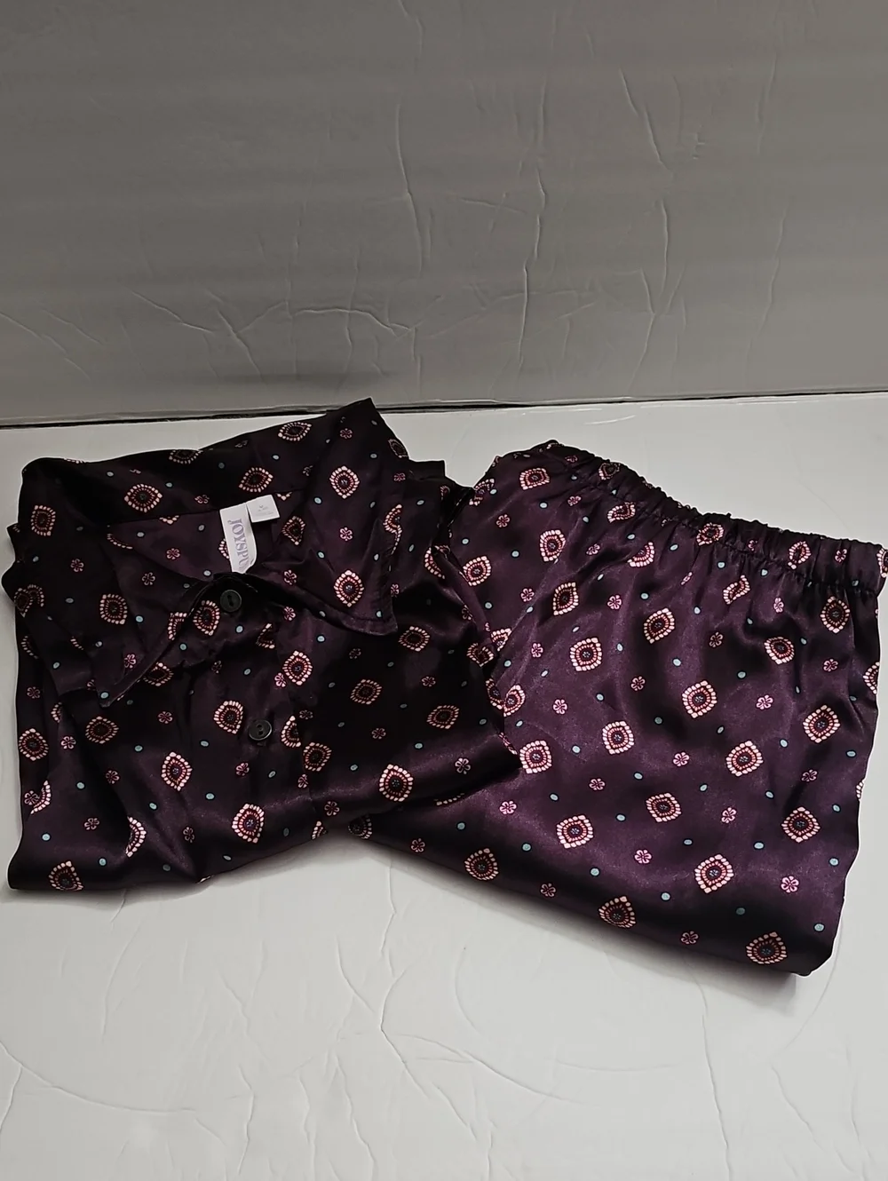 Purple Satin Pajama Set with Geometric Print